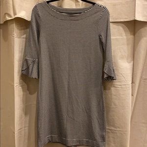 Three Dots Striped Dress with tulip ruffle cuffs.